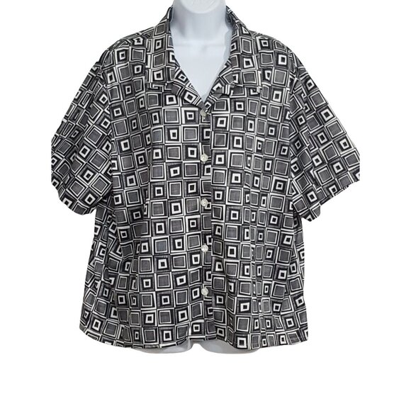 Blair Womens Blouse 2XL Vintage Polyester Black White Button Up Short Sleeve Col - Picture 4 of 7